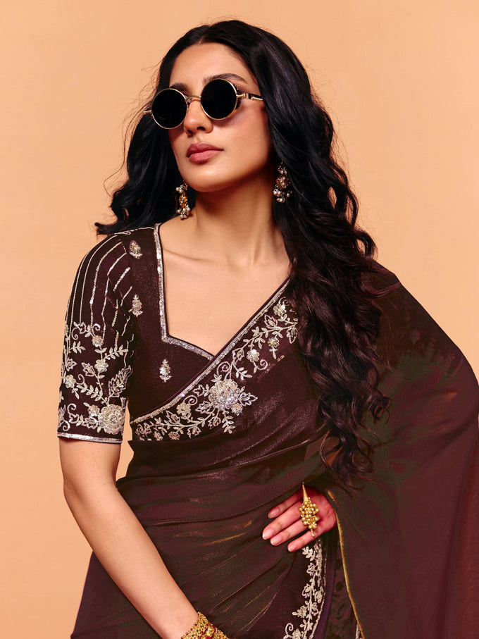 Brown Satin Embroidery Work Saree with Unstitched Blouse Piece