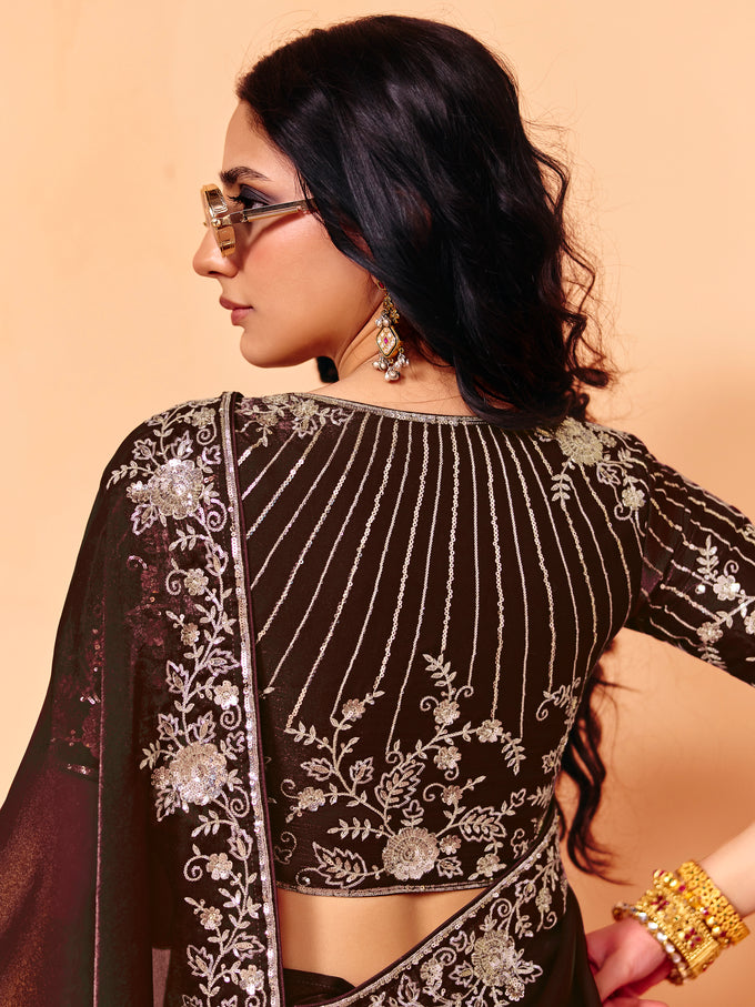 Brown Satin Embroidery Work Saree with Unstitched Blouse Piece