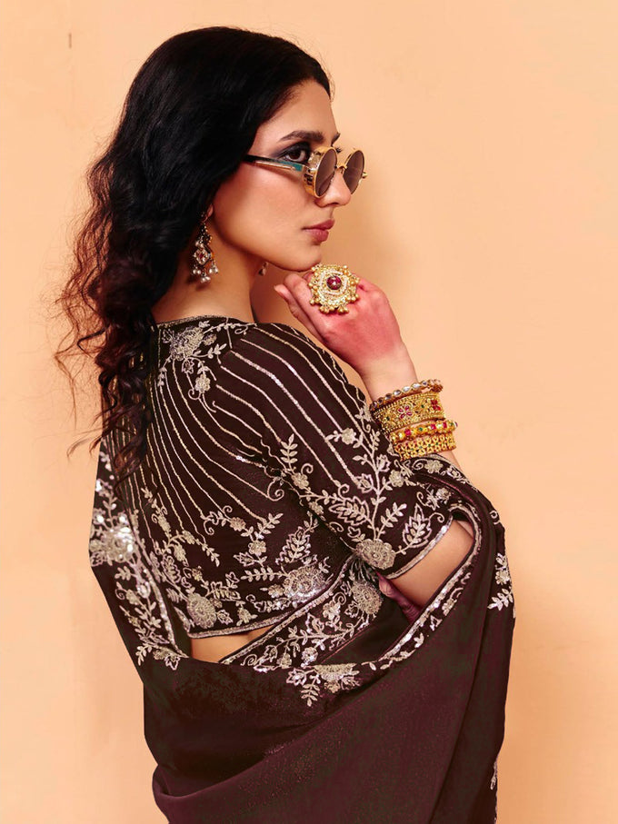 Brown Satin Embroidery Work Saree with Unstitched Blouse Piece