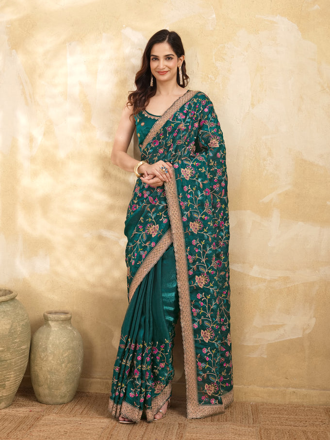 Morpeach Satin Embroidery Work Saree with Unstitched Blouse Piece