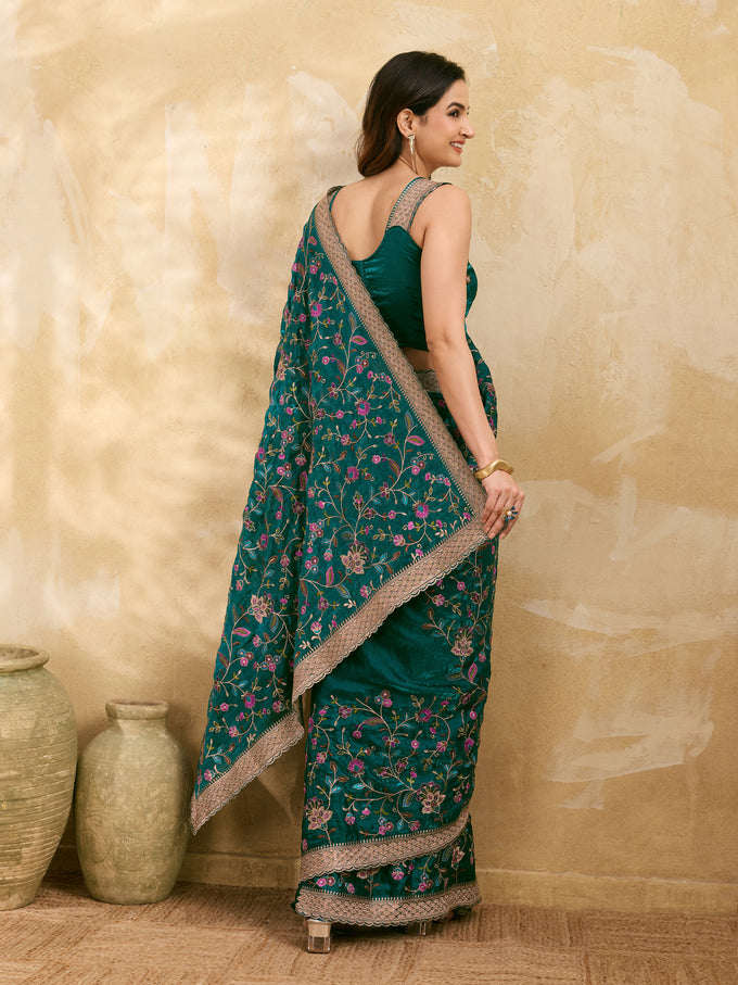 Morpeach Satin Embroidery Work Saree with Unstitched Blouse Piece