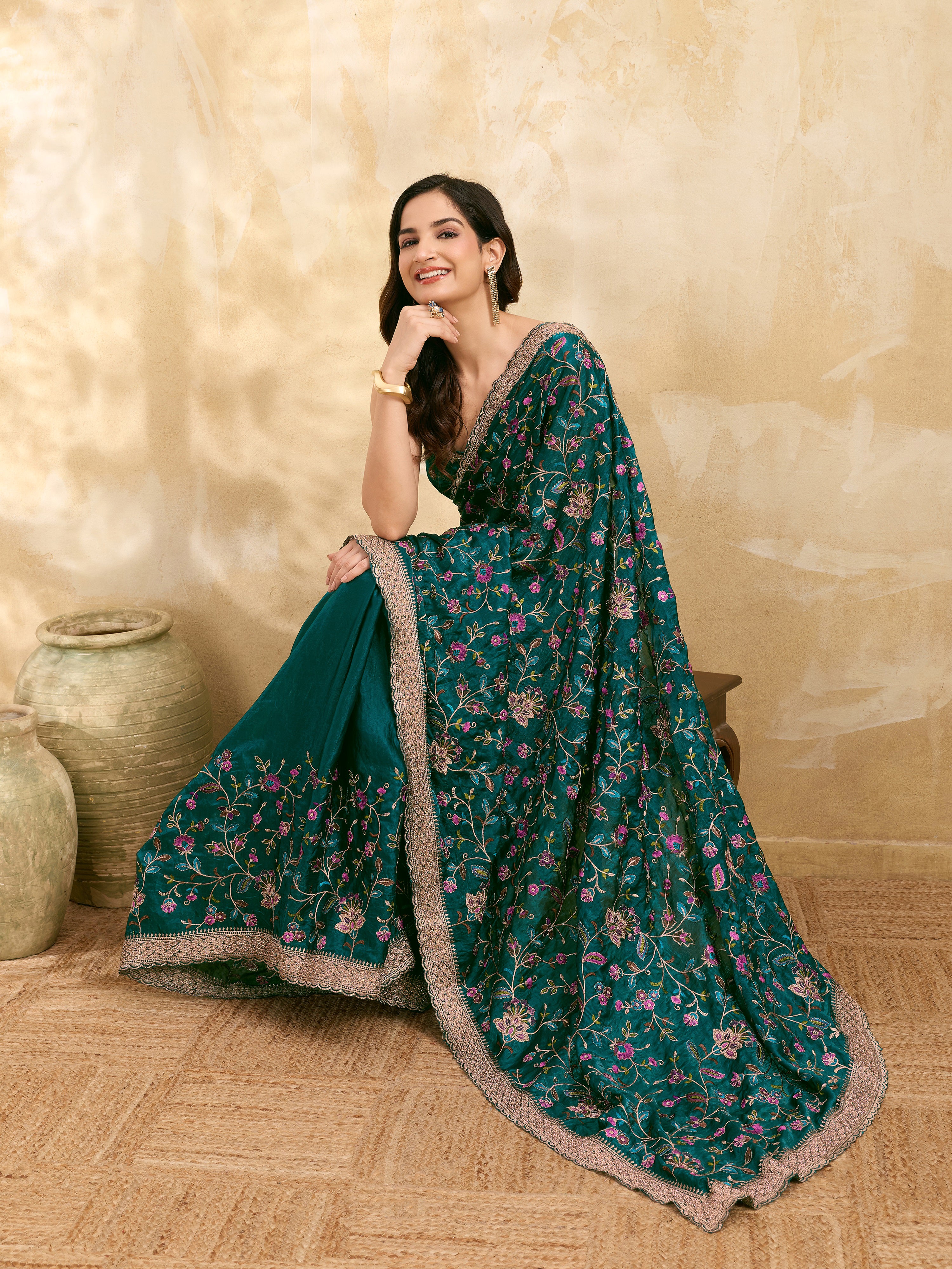 Morpeach Satin Embroidery Work Saree with Unstitched Blouse Piece