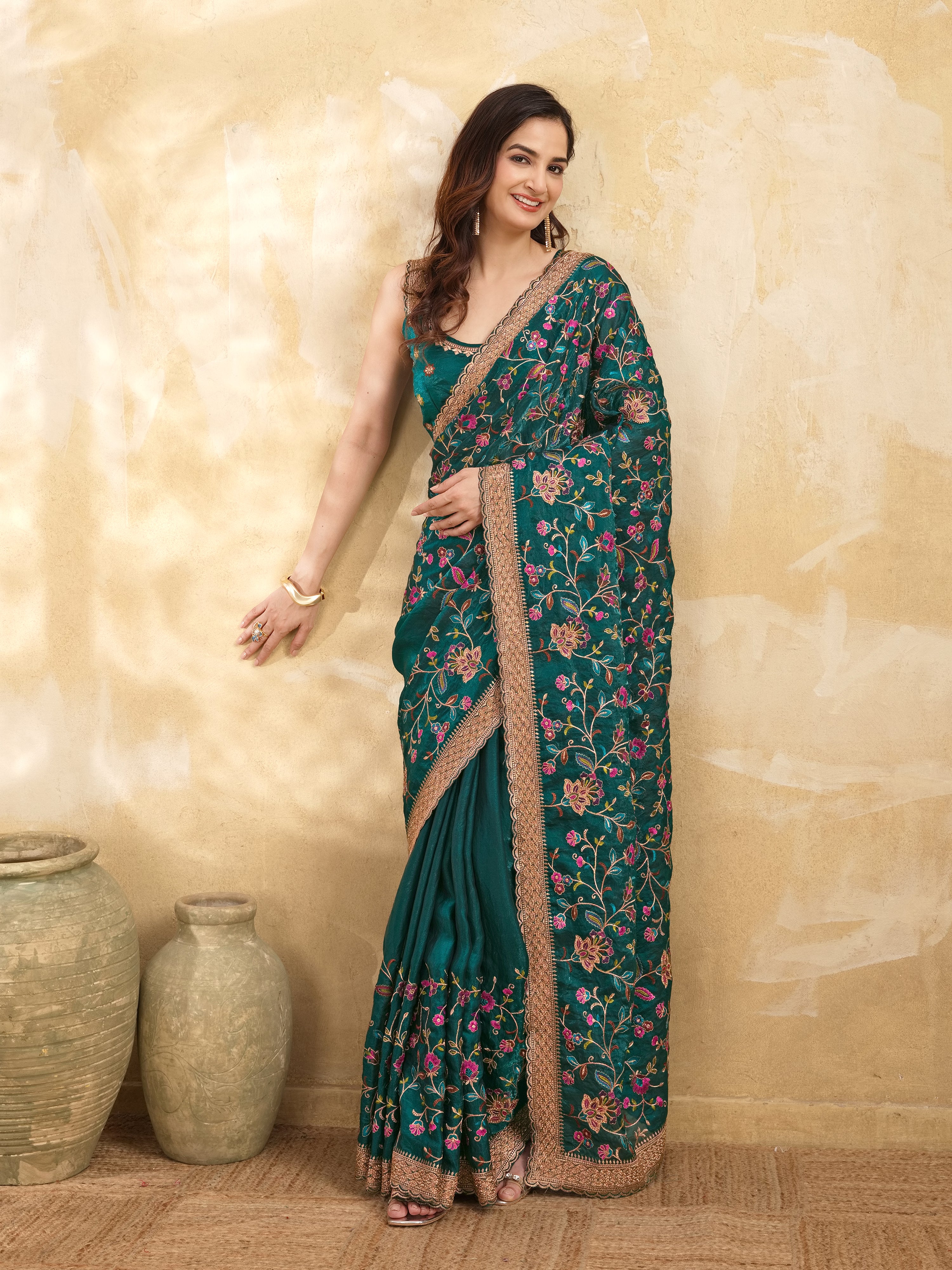 Morpeach Satin Embroidery Work Saree with Unstitched Blouse Piece