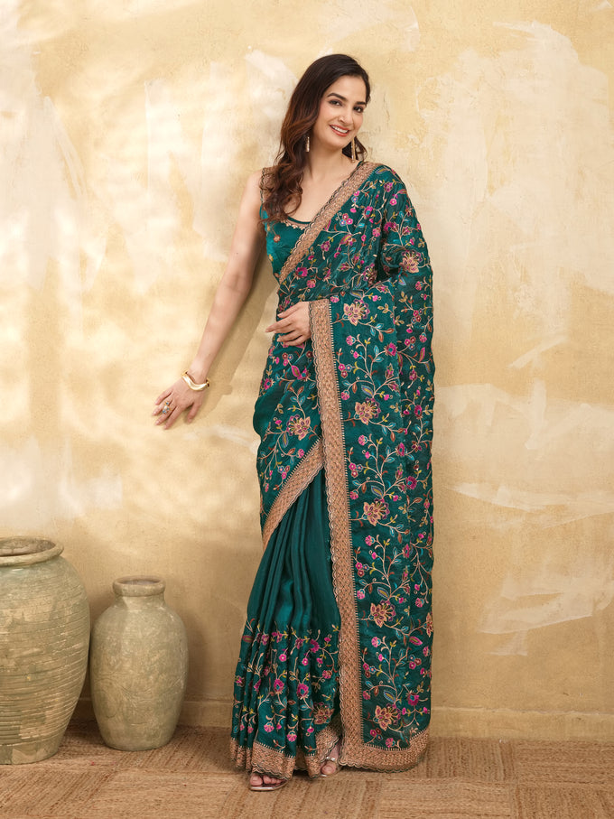 Morpeach Satin Embroidery Work Saree with Unstitched Blouse Piece