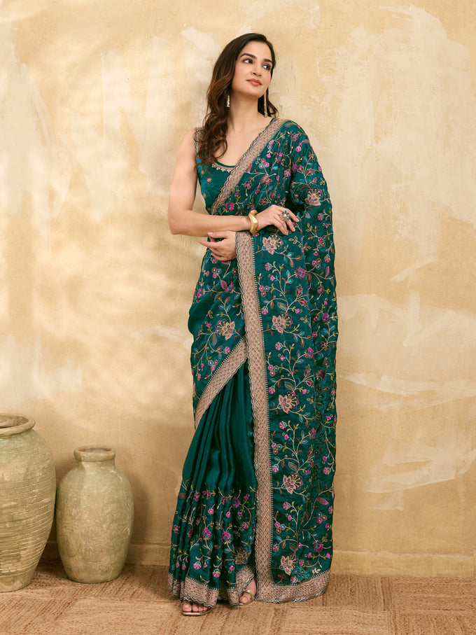 Morpeach Satin Embroidery Work Saree with Unstitched Blouse Piece