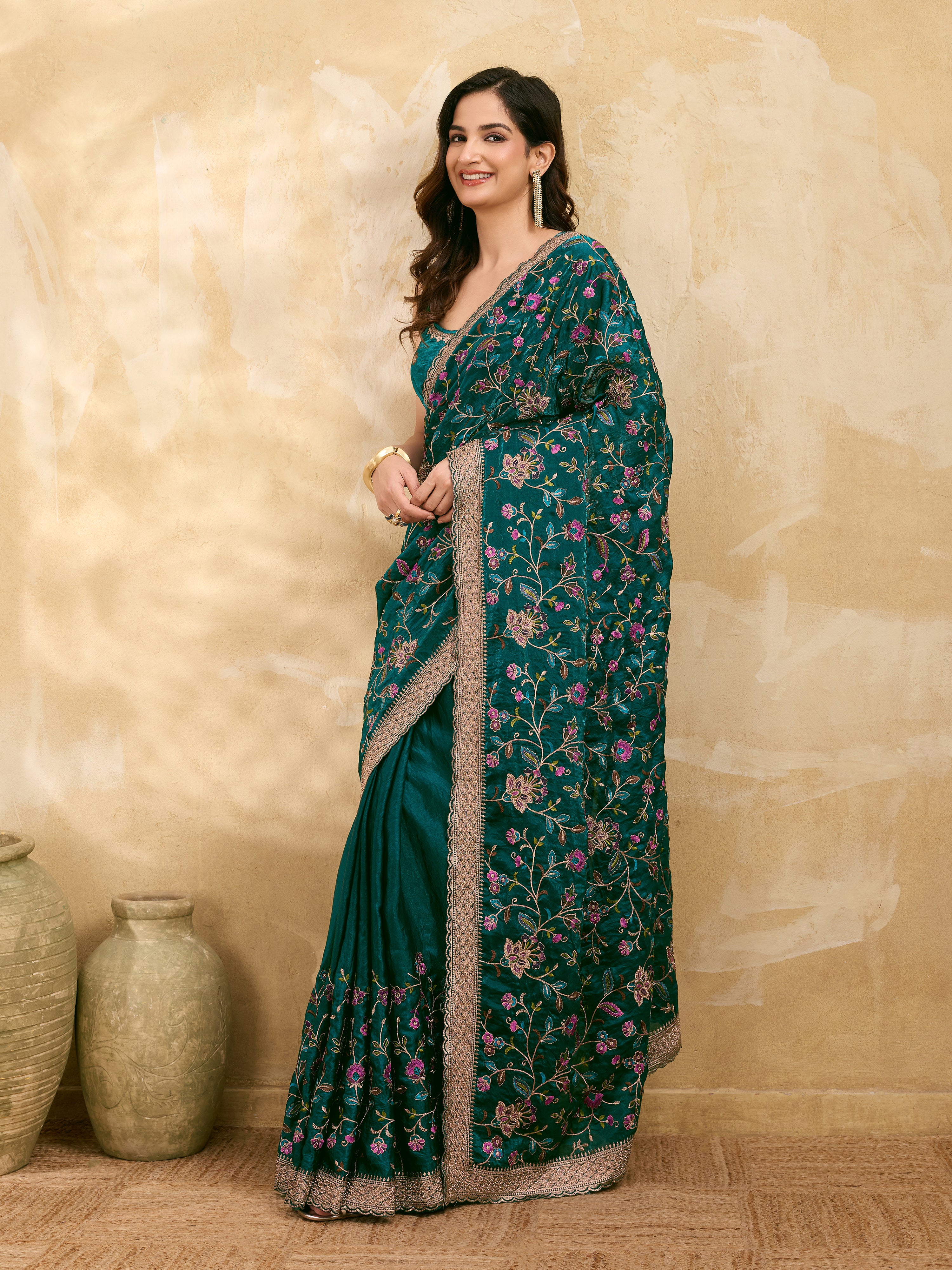 Morpeach Satin Embroidery Work Saree with Unstitched Blouse Piece
