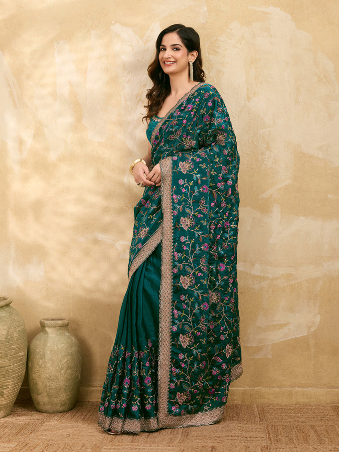 Morpeach Satin Embroidery Work Saree with Unstitched Blouse Piece