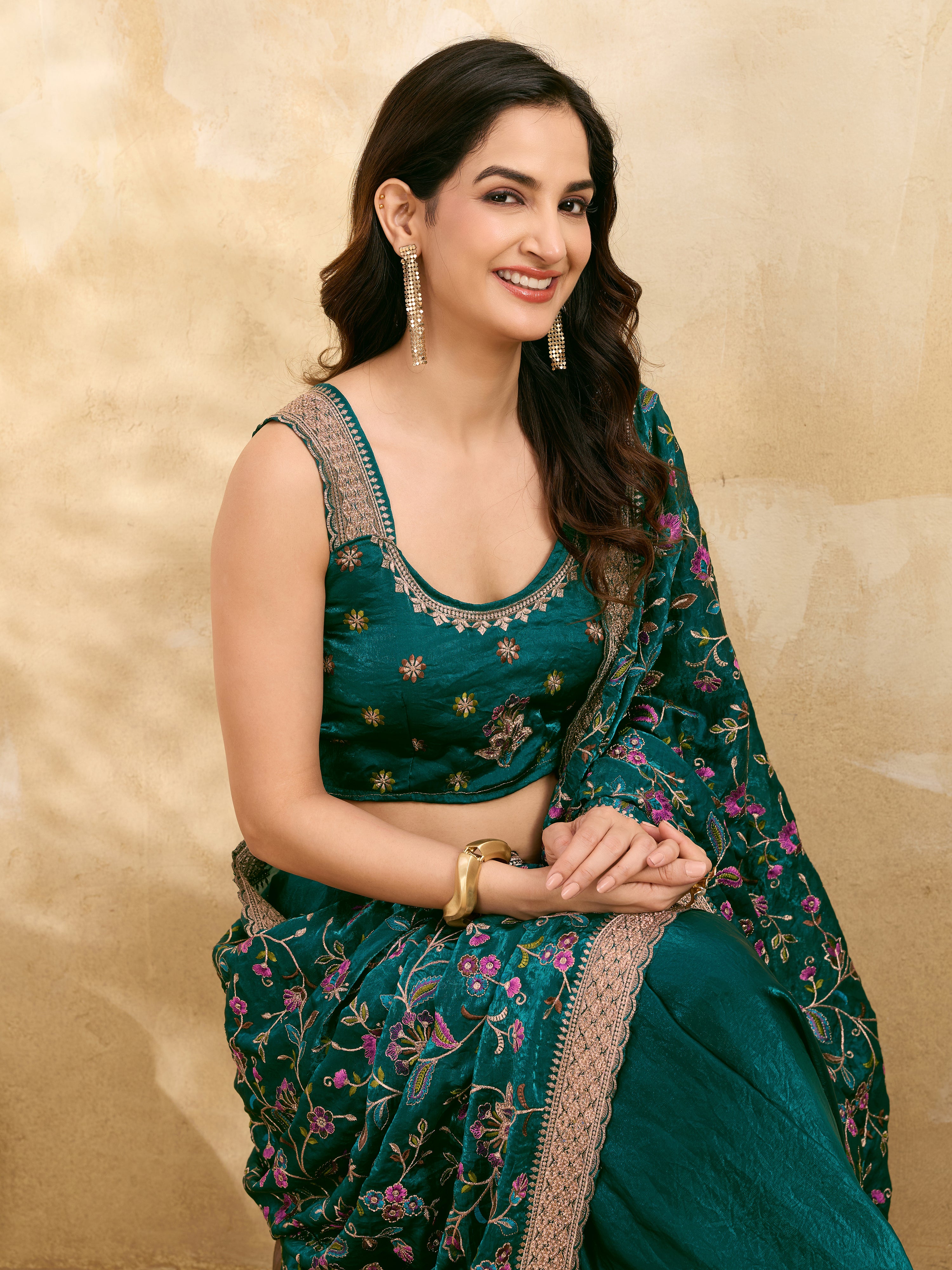 Morpeach Satin Embroidery Work Saree with Unstitched Blouse Piece