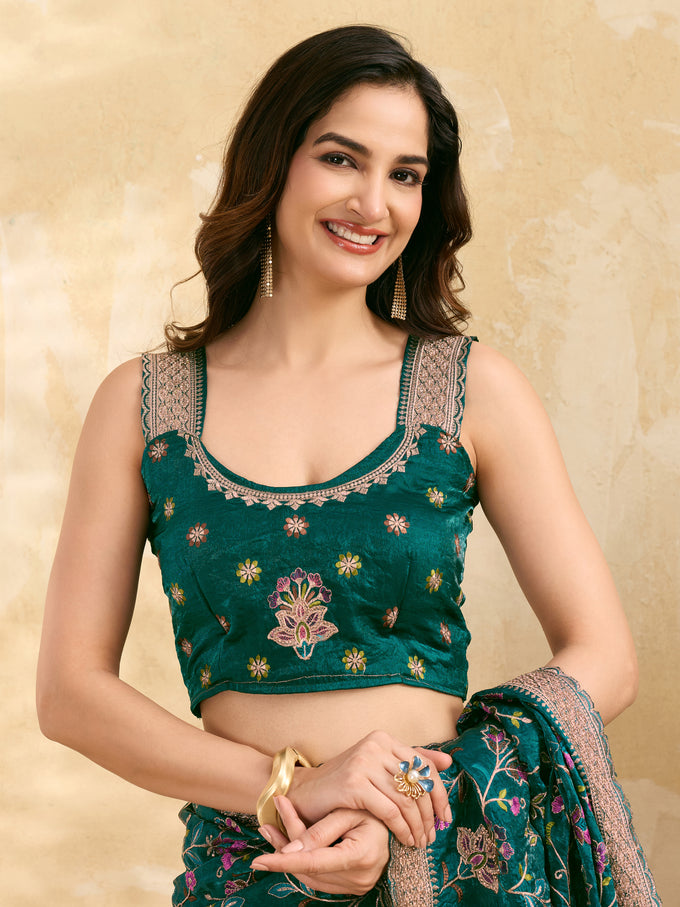 Morpeach Satin Embroidery Work Saree with Unstitched Blouse Piece