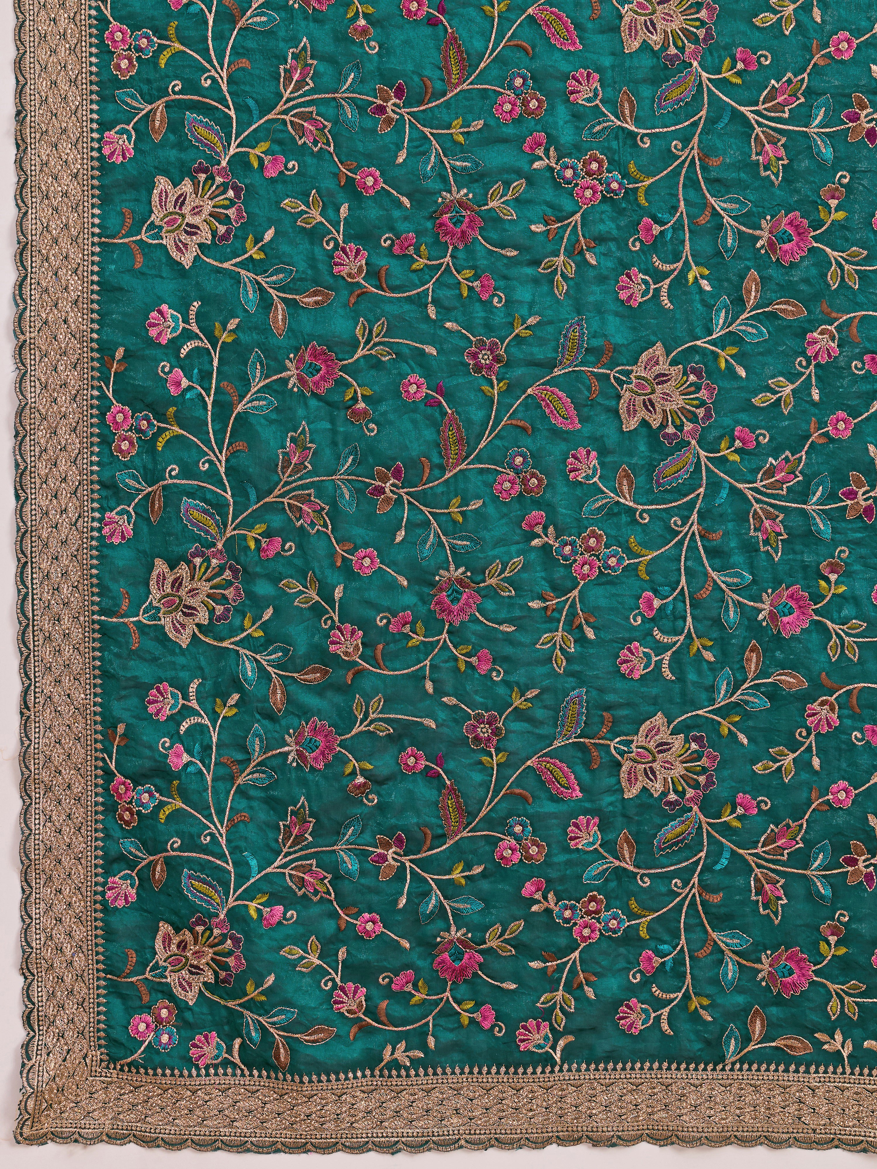Morpeach Satin Embroidery Work Saree with Unstitched Blouse Piece