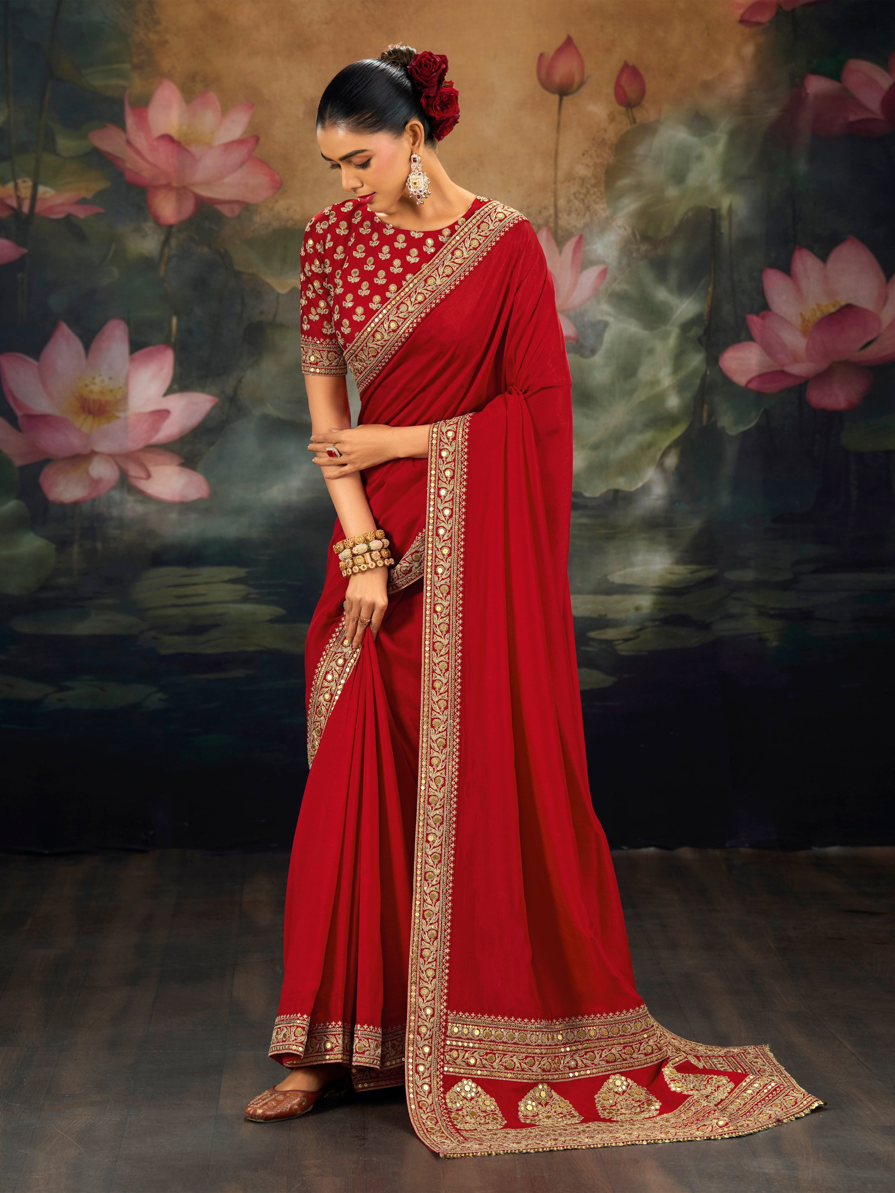 Red Art Silk Embroidery Work Saree with Unstitched Blouse Piece