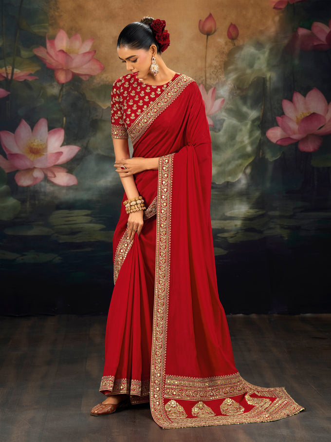 Red Art Silk Embroidery Work Saree with Unstitched Blouse Piece
