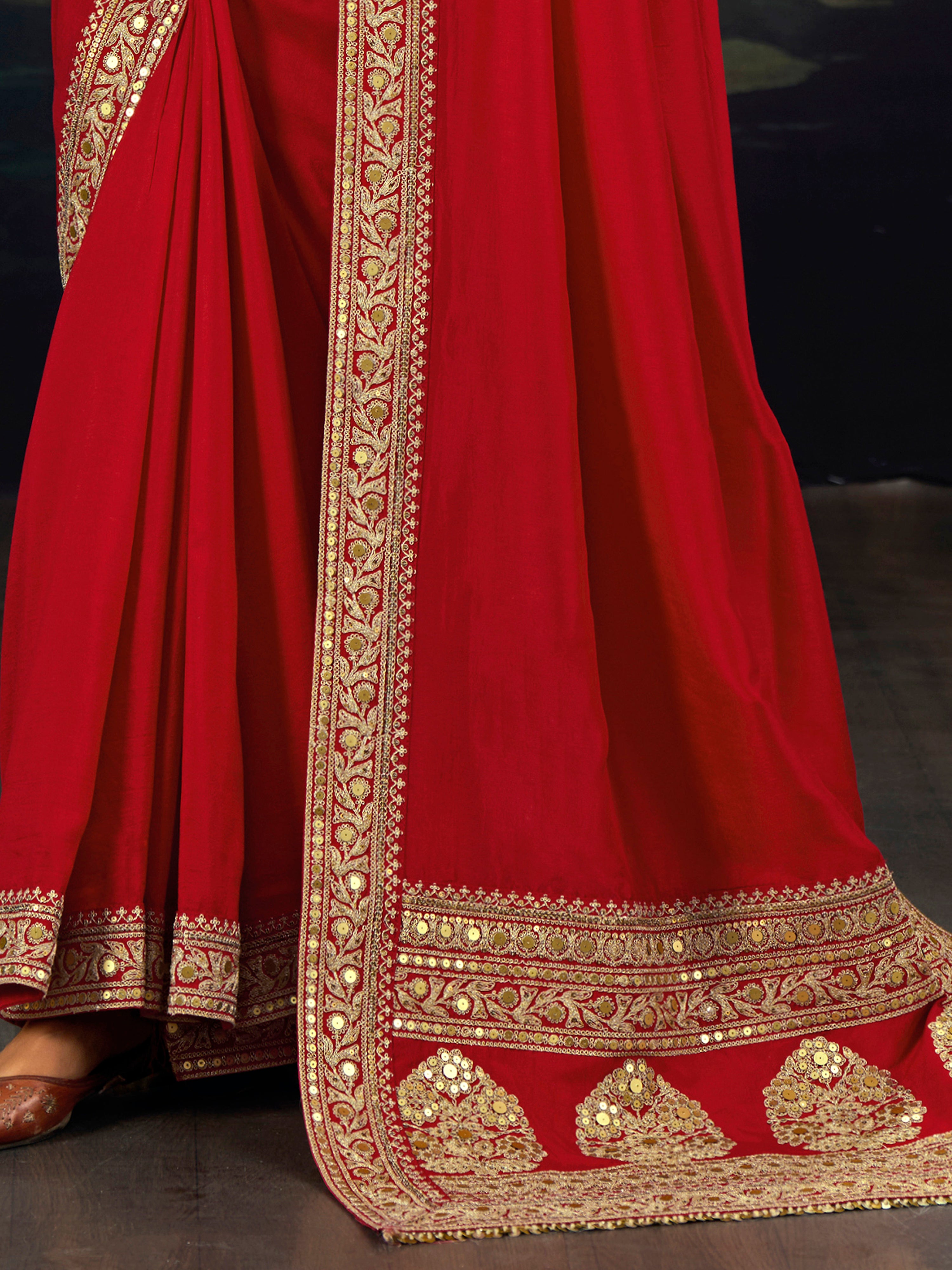 Red Art Silk Embroidery Work Saree with Unstitched Blouse Piece