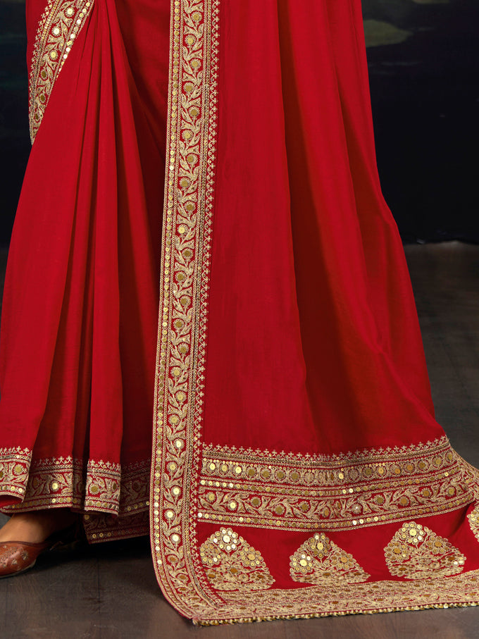 Red Art Silk Embroidery Work Saree with Unstitched Blouse Piece