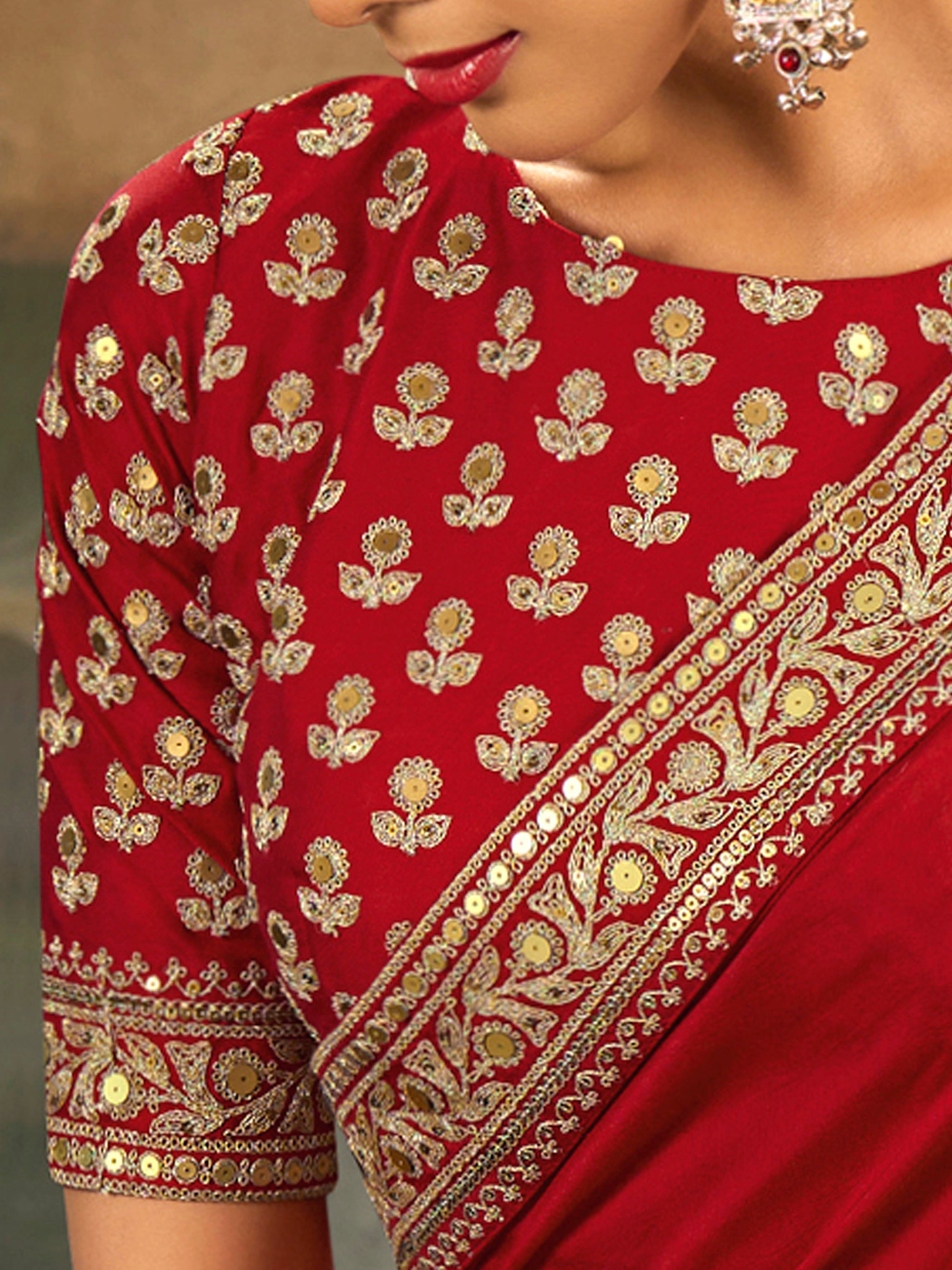 Red Art Silk Embroidery Work Saree with Unstitched Blouse Piece