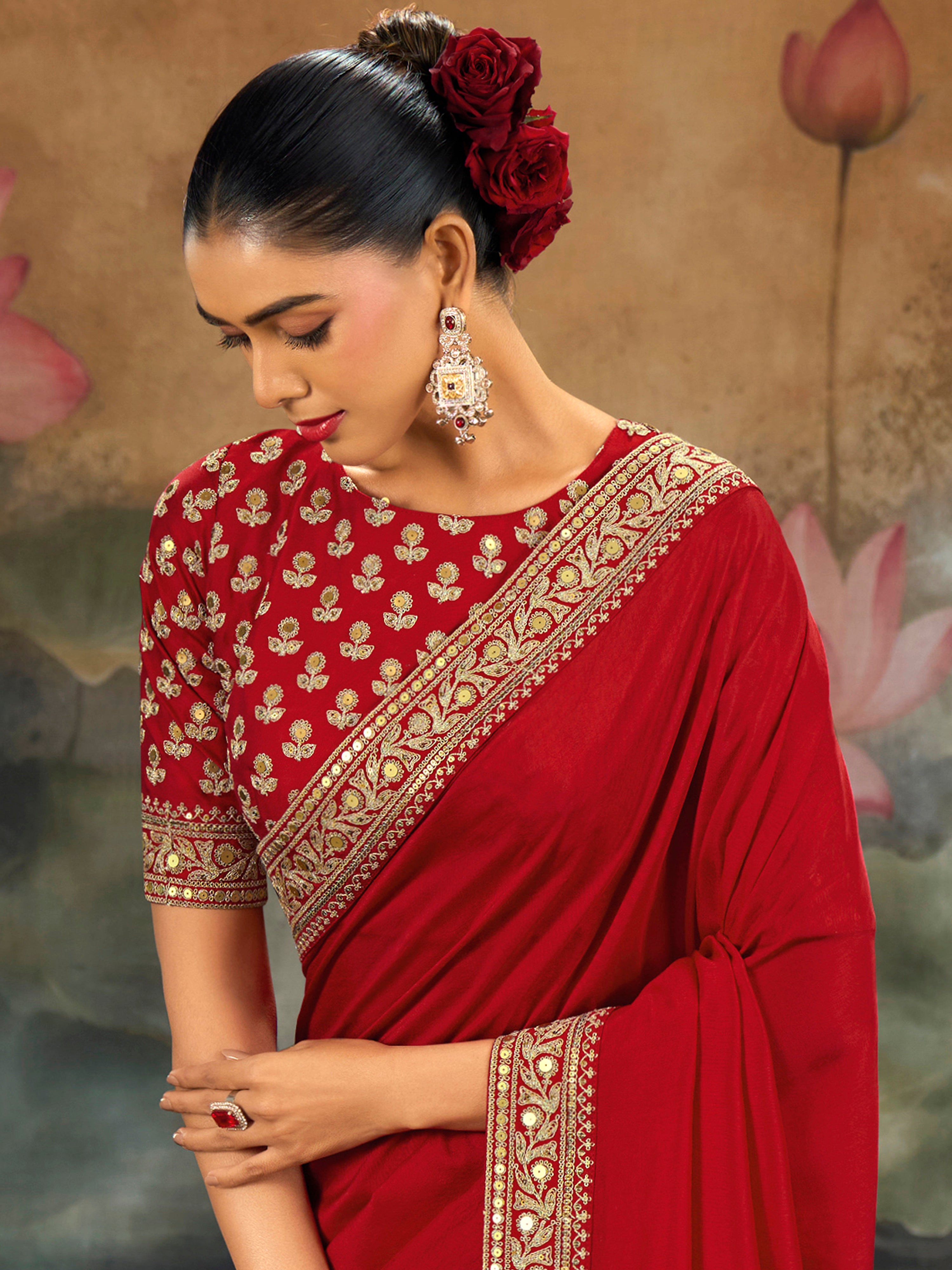 Red Art Silk Embroidery Work Saree with Unstitched Blouse Piece