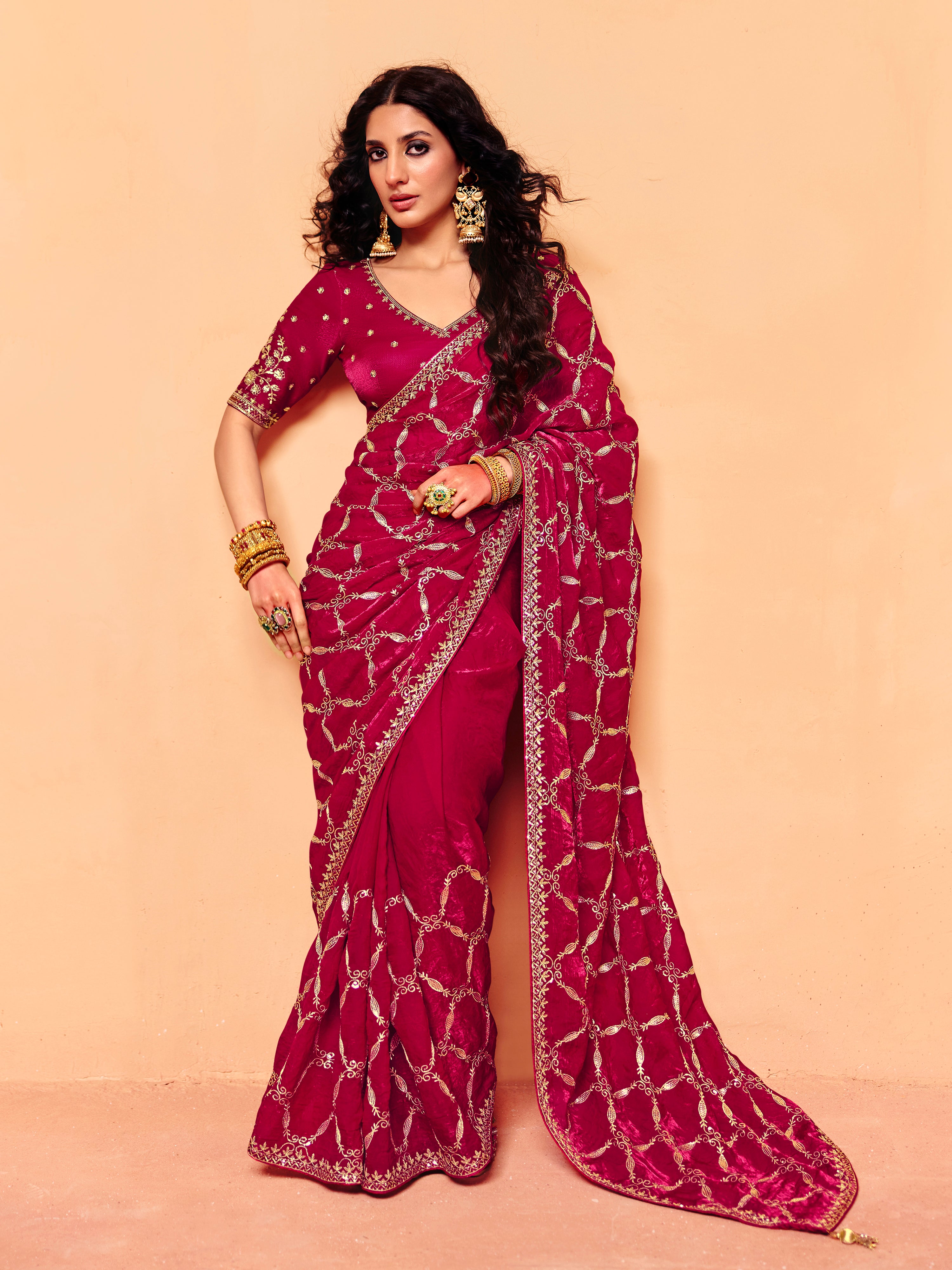 Pink Satin Embroidery Work Saree with Unstitched Blouse Piece