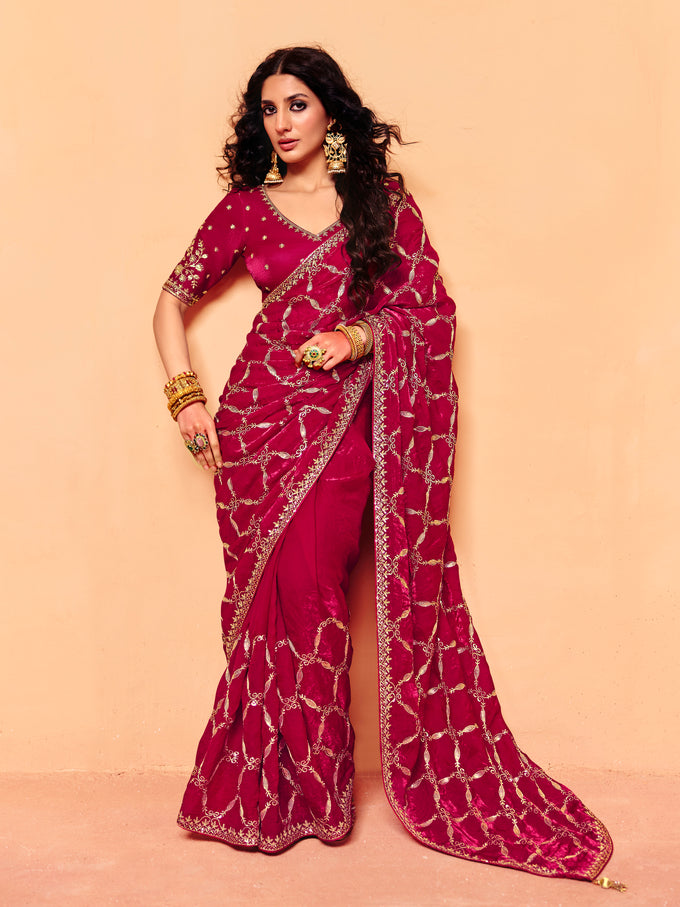 Pink Satin Embroidery Work Saree with Unstitched Blouse Piece