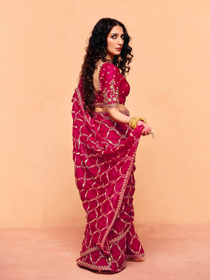Pink Satin Embroidery Work Saree with Unstitched Blouse Piece