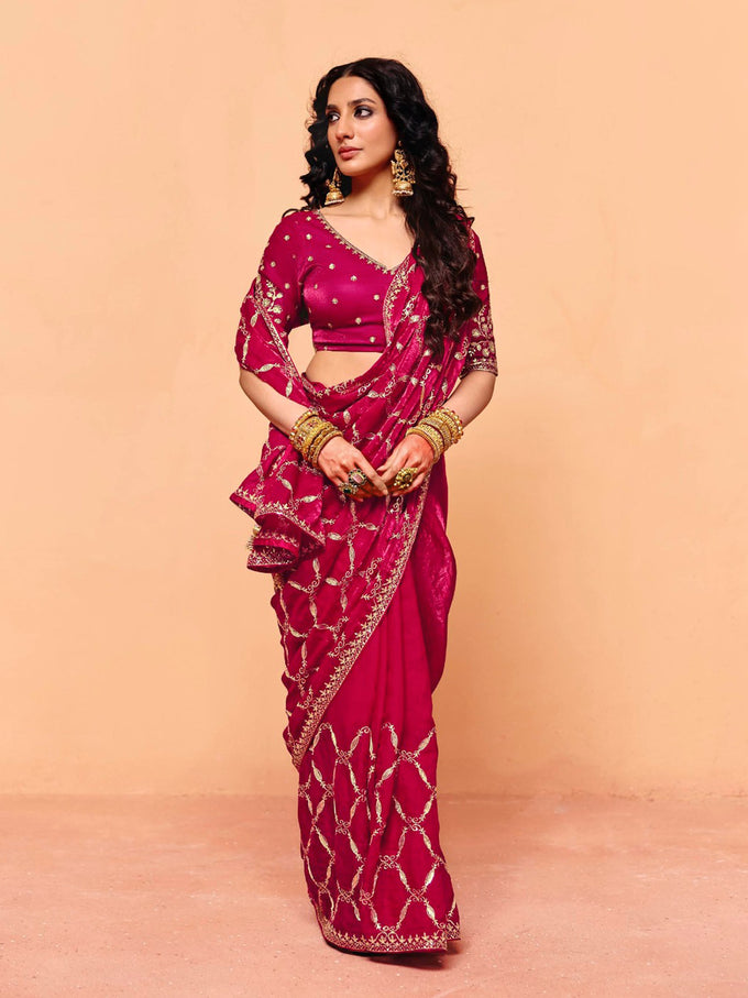 Pink Satin Embroidery Work Saree with Unstitched Blouse Piece