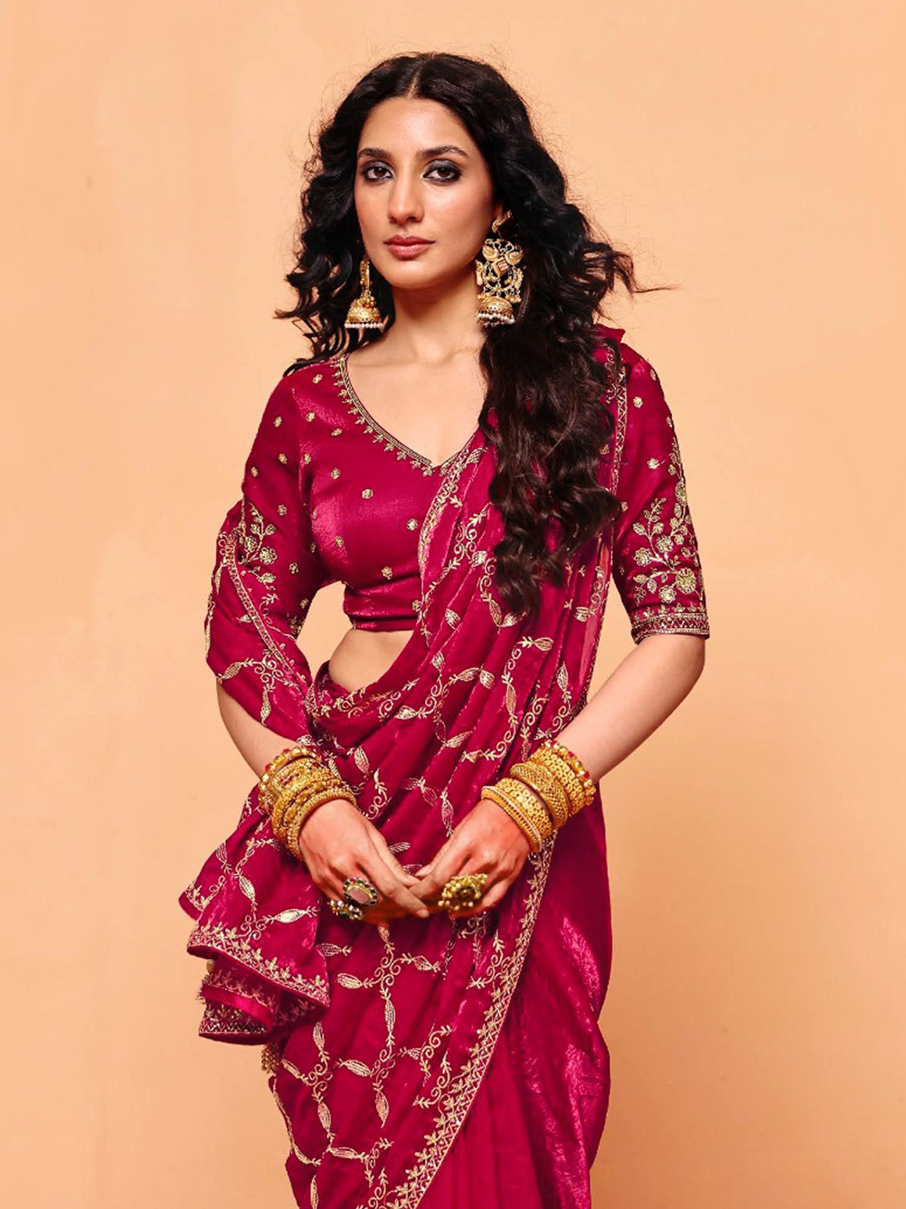 Pink Satin Embroidery Work Saree with Unstitched Blouse Piece