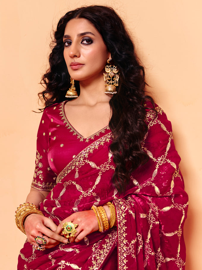 Pink Satin Embroidery Work Saree with Unstitched Blouse Piece
