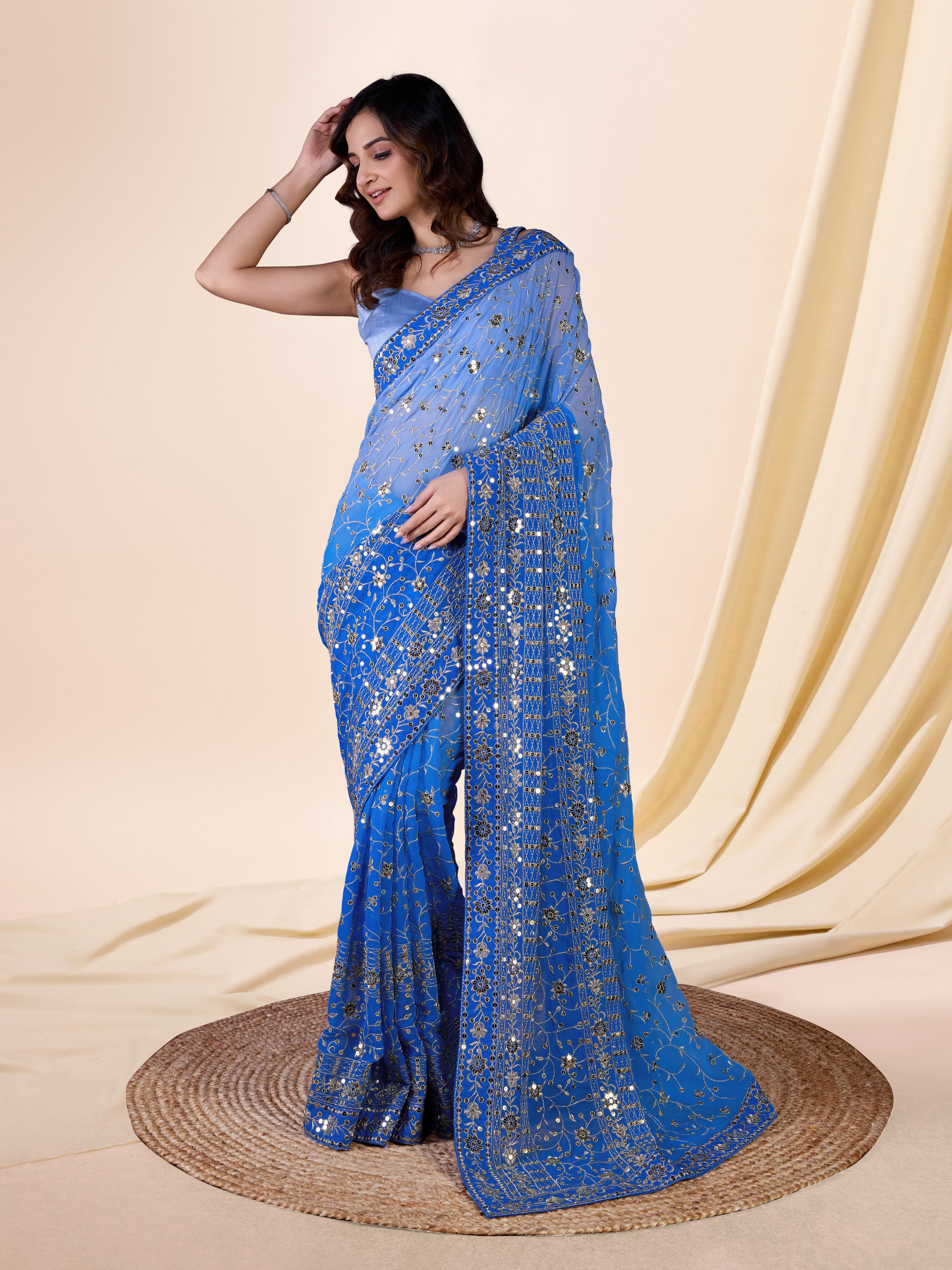 Women's Blue  Moss Chiffon Siroski work Saree with Belt Unstitched Blouse Piece Trendmalls