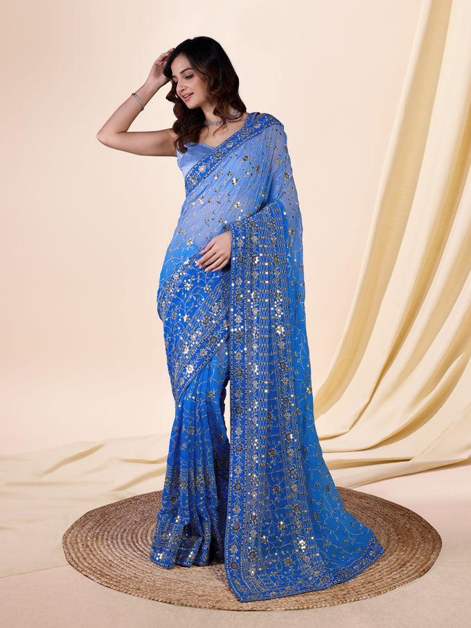 Women's Blue  Moss Chiffon Siroski work Saree with Belt Unstitched Blouse Piece Trendmalls