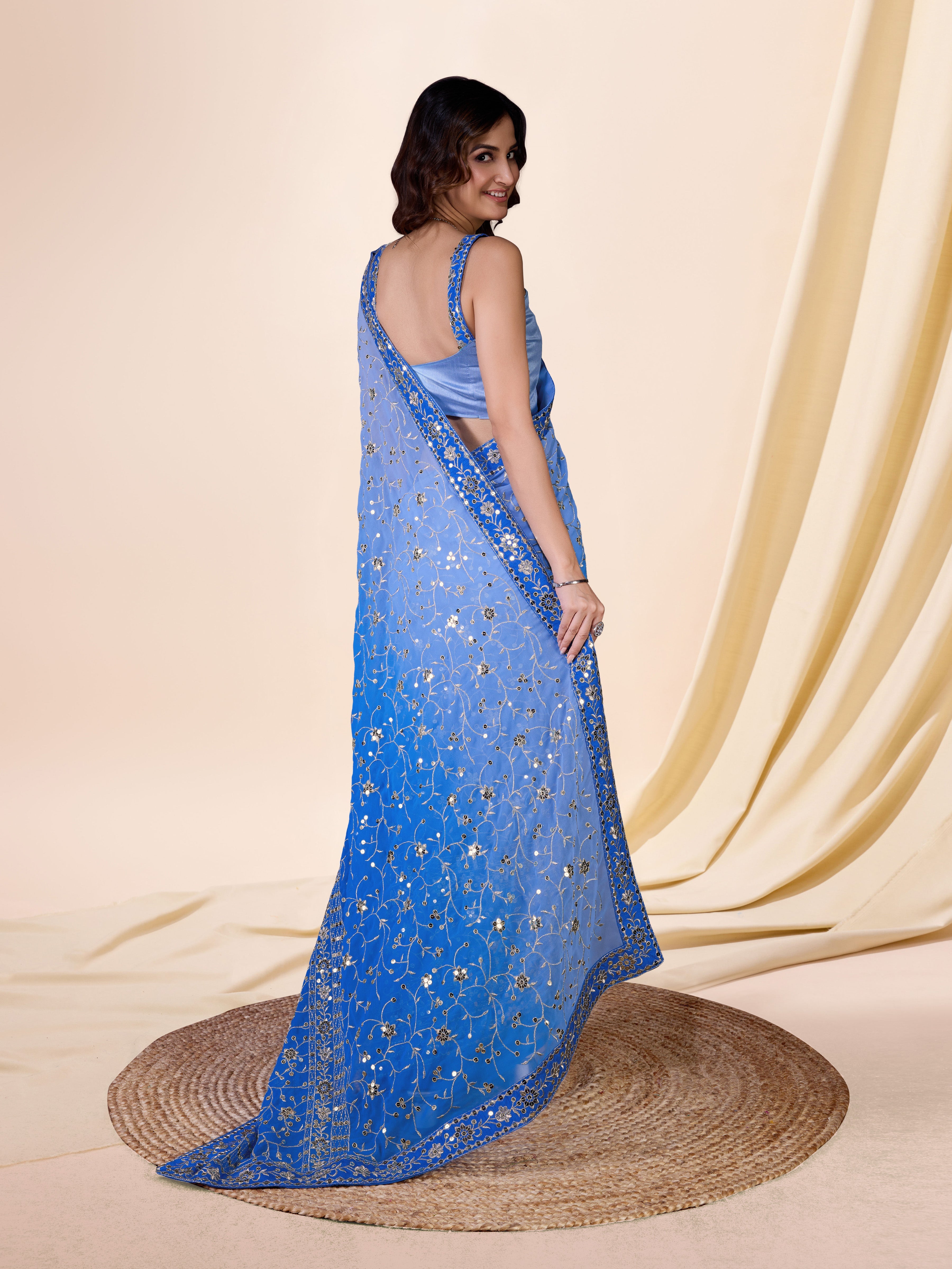 Women's Blue  Moss Chiffon Siroski work Saree with Belt Unstitched Blouse Piece Trendmalls