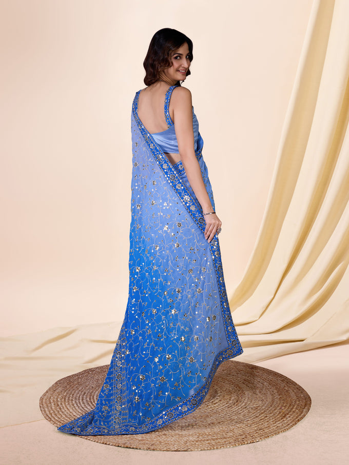 Women's Blue  Moss Chiffon Siroski work Saree with Belt Unstitched Blouse Piece Trendmalls