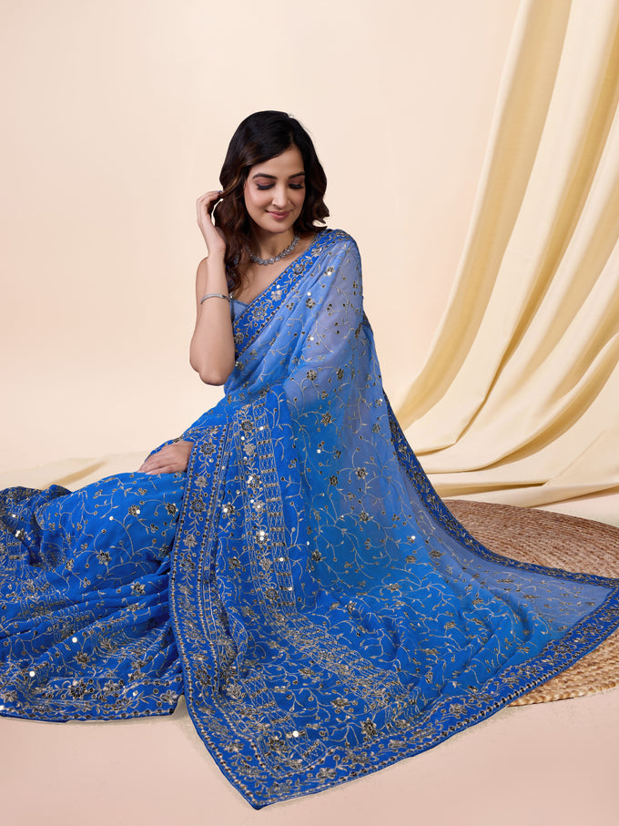 Women's Blue  Moss Chiffon Siroski work Saree with Belt Unstitched Blouse Piece Trendmalls