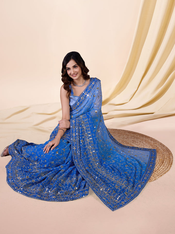 Women's Blue  Moss Chiffon Siroski work Saree with Belt Unstitched Blouse Piece Trendmalls