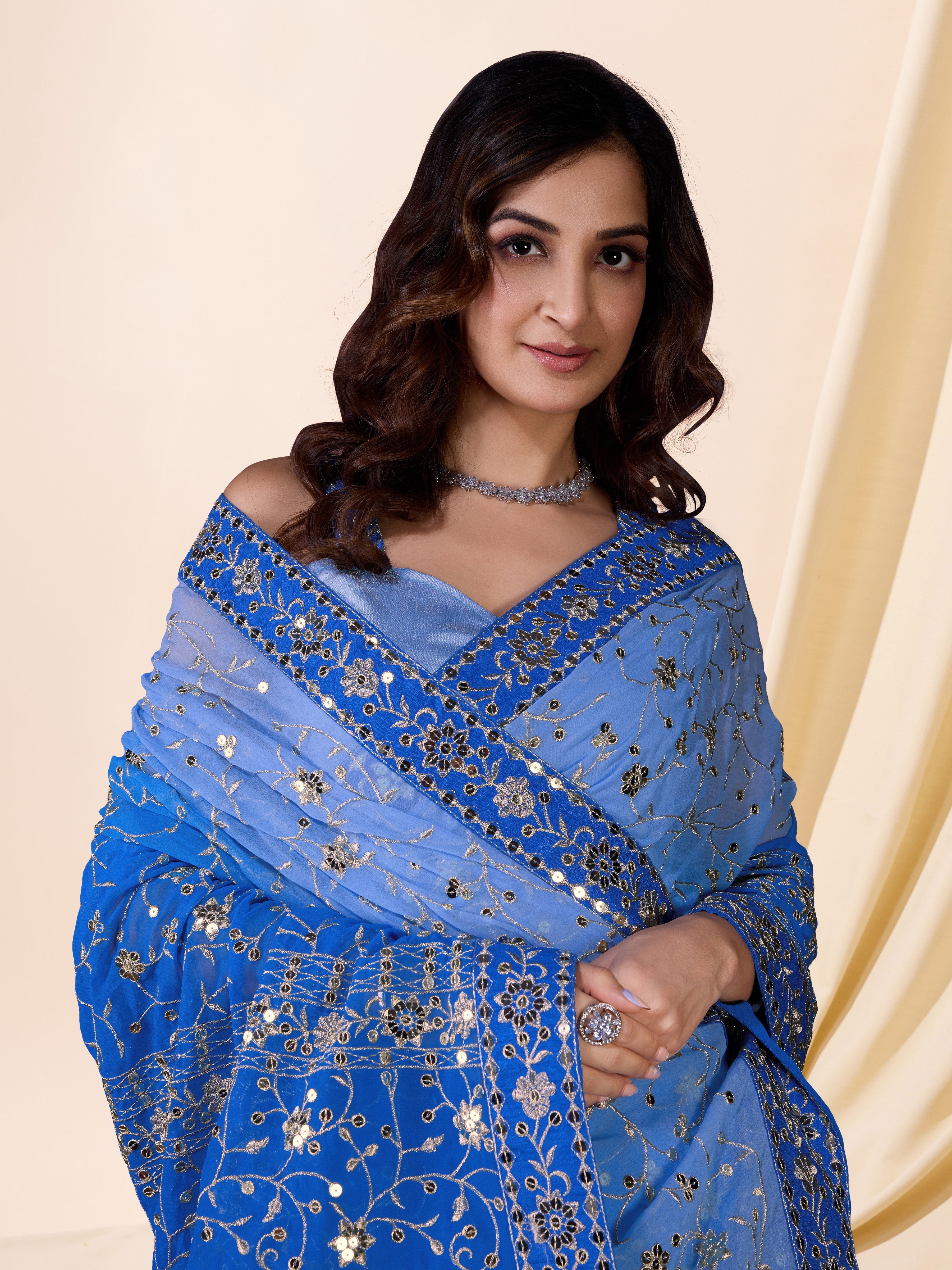 Women's Blue  Moss Chiffon Siroski work Saree with Belt Unstitched Blouse Piece Trendmalls