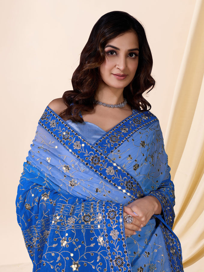 Women's Blue  Moss Chiffon Siroski work Saree with Belt Unstitched Blouse Piece Trendmalls
