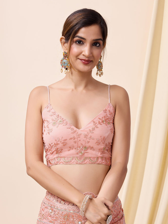 Pink Net Embroidery work Saree with Unstitched Blouse Piece For Women Trendmalls