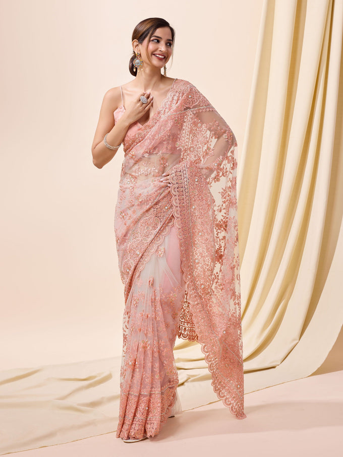 Pink Net Embroidery work Saree with Unstitched Blouse Piece For Women Trendmalls