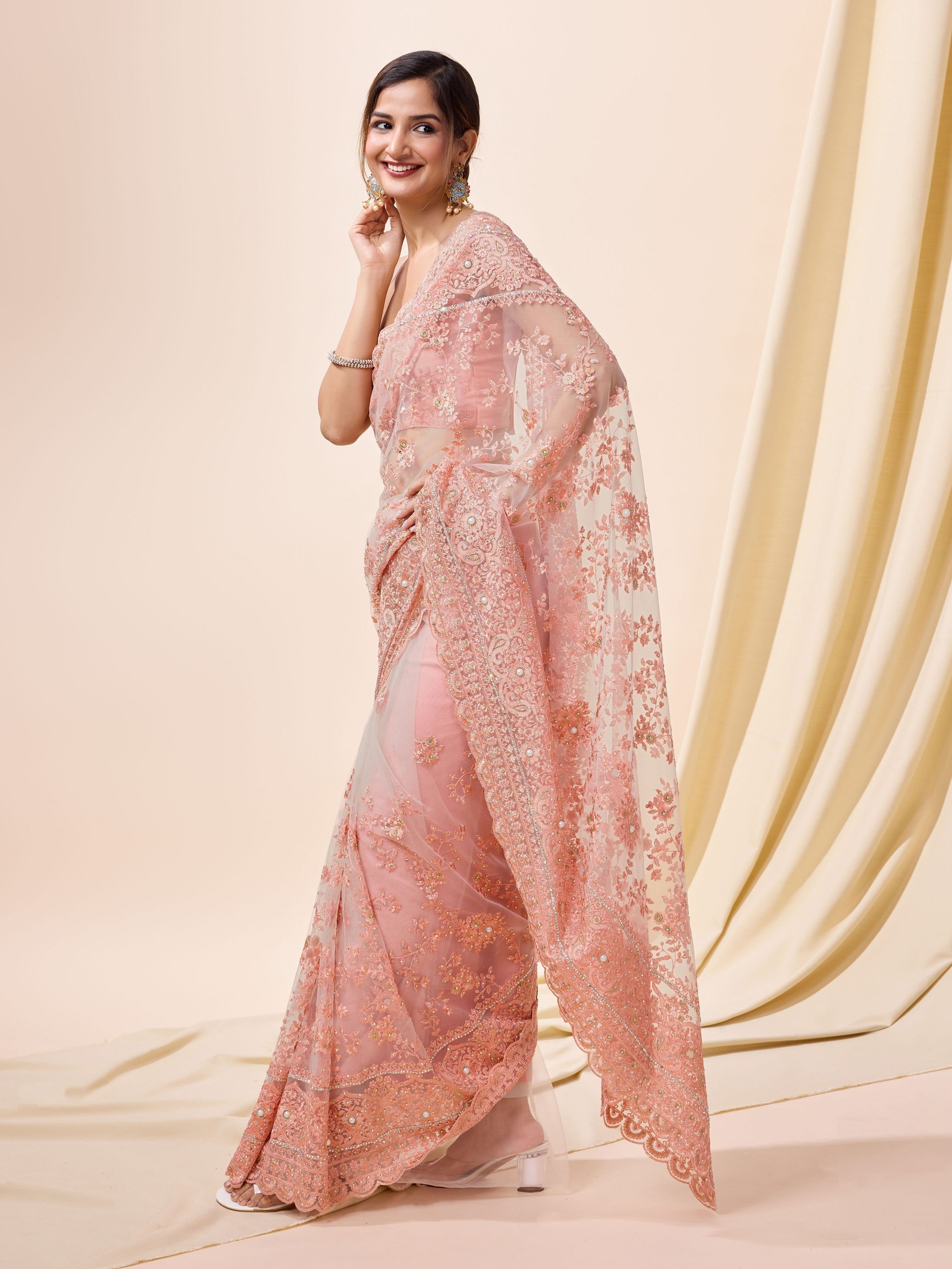 Pink Net Embroidery work Saree with Unstitched Blouse Piece For Women Trendmalls
