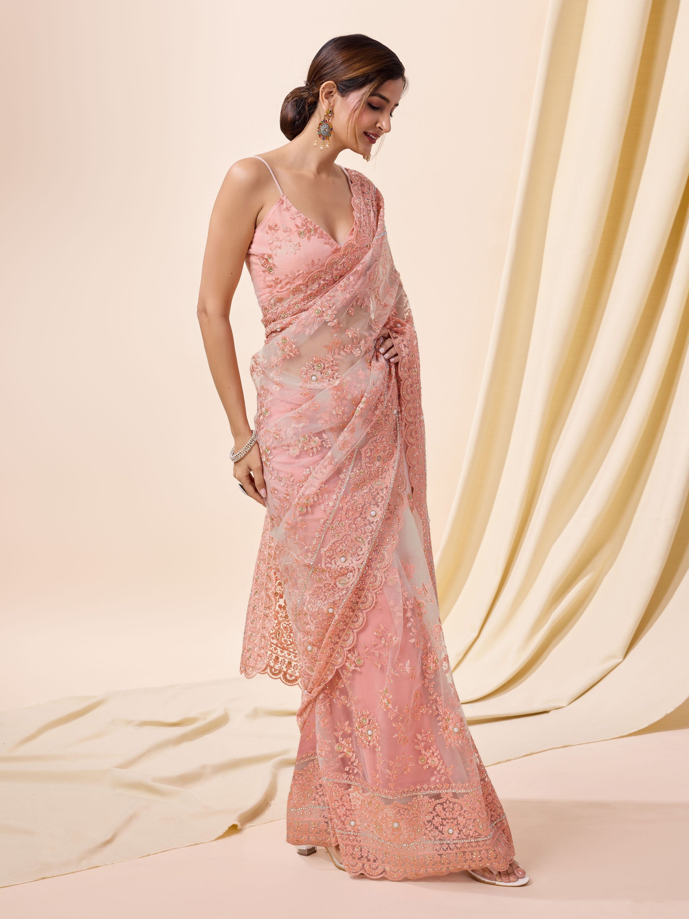 Pink Net Embroidery work Saree with Unstitched Blouse Piece For Women Trendmalls