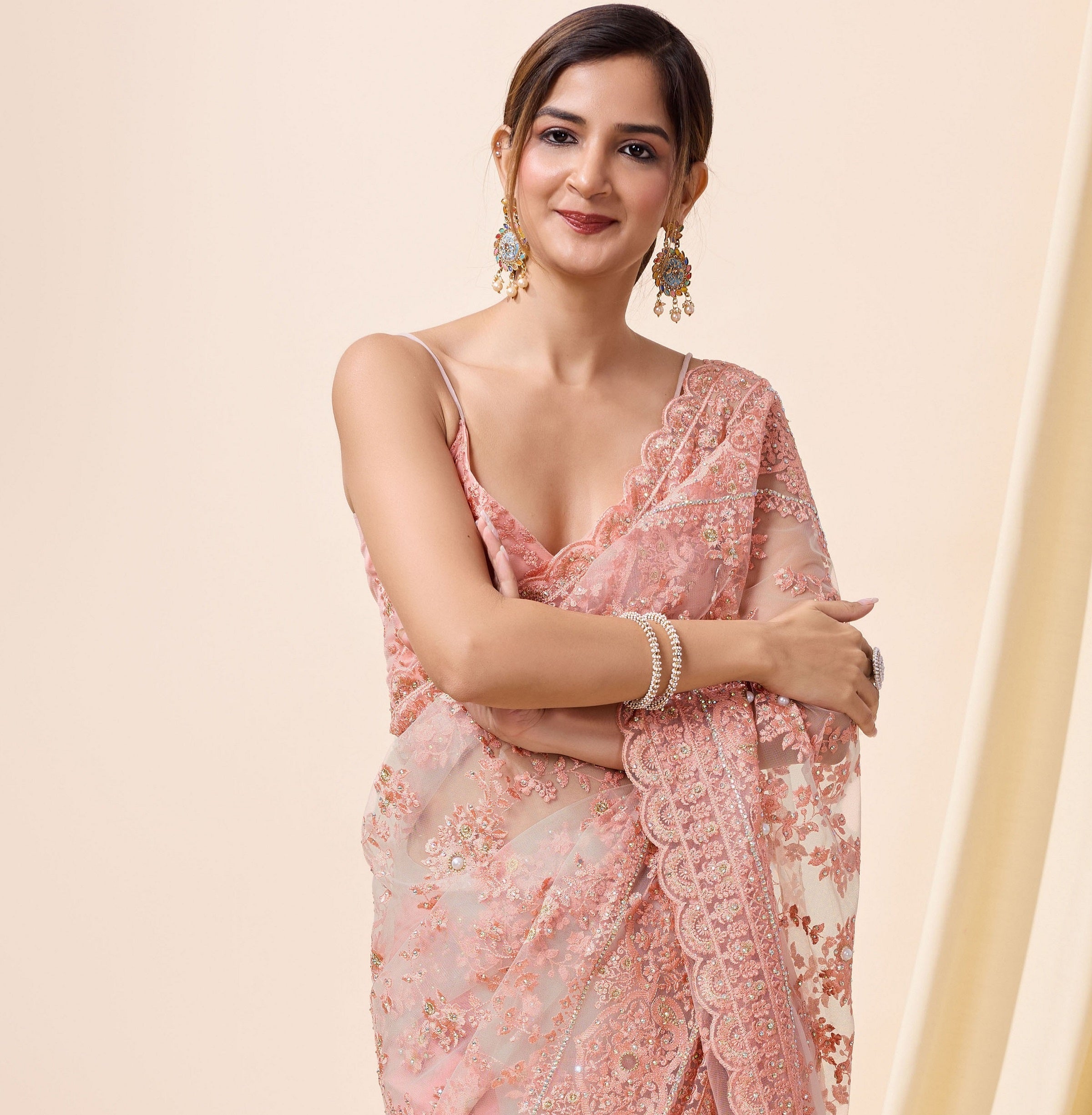 Pink Net Embroidery work Saree with Unstitched Blouse Piece For Women Trendmalls