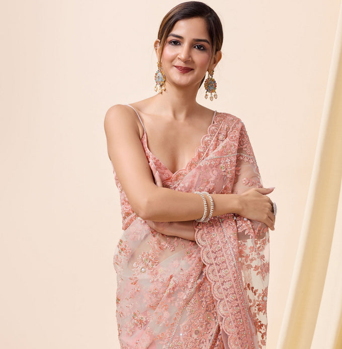 Pink Net Embroidery work Saree with Unstitched Blouse Piece For Women Trendmalls