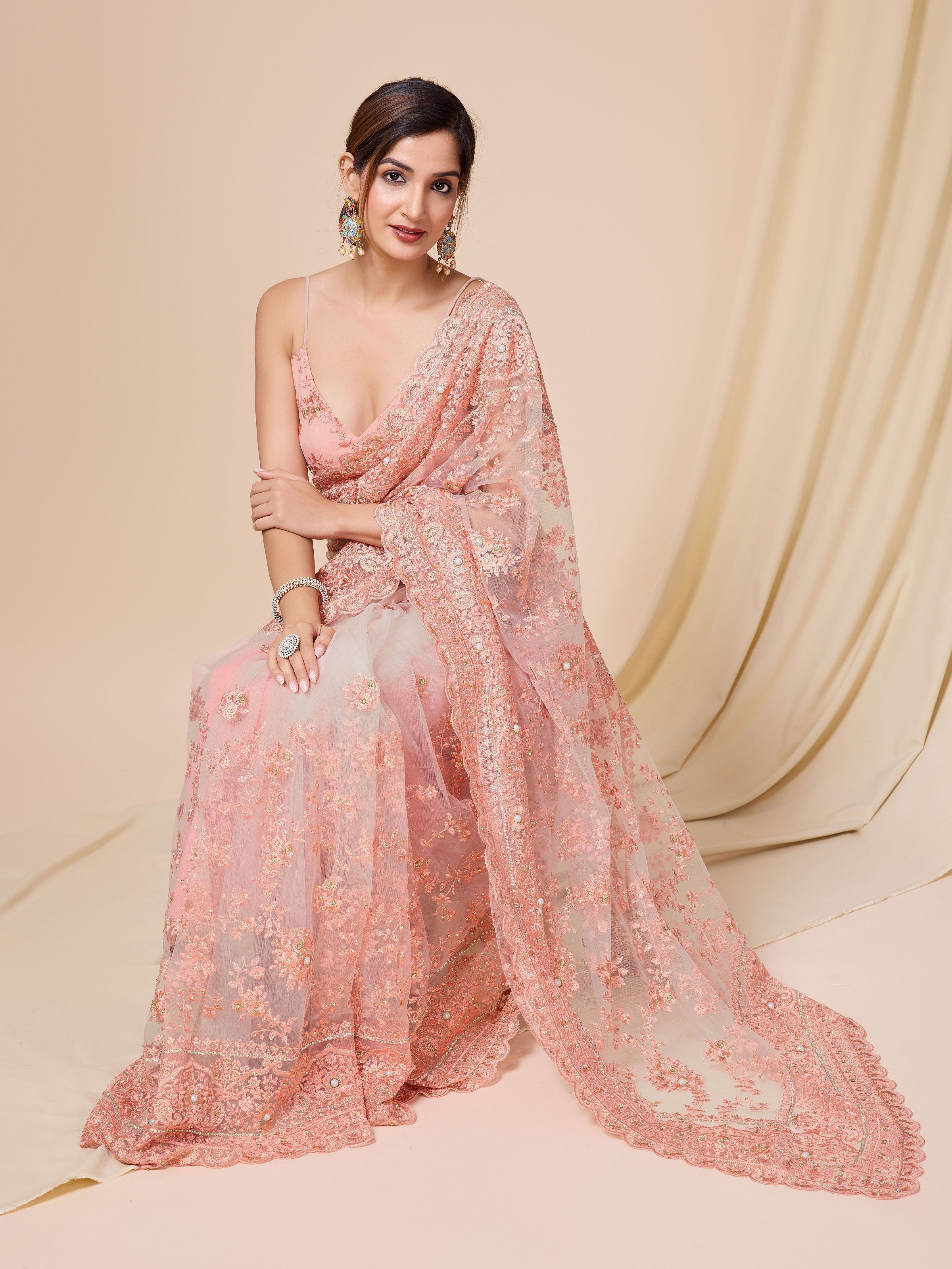 Pink Net Embroidery work Saree with Unstitched Blouse Piece For Women Trendmalls