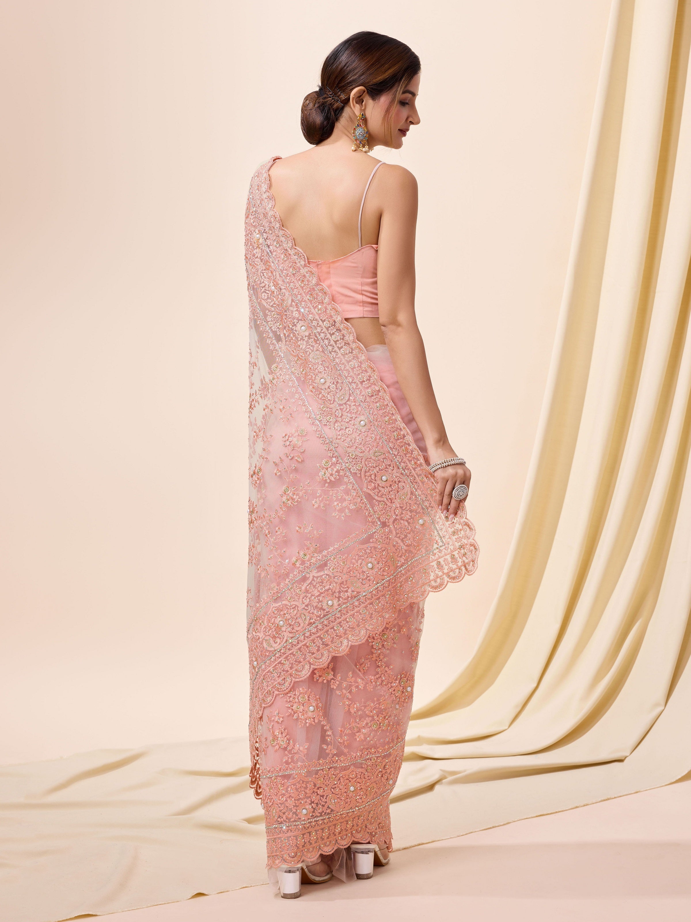 Pink Net Embroidery work Saree with Unstitched Blouse Piece For Women Trendmalls