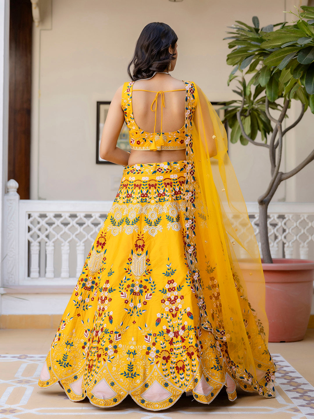 Yellow Satin Embroidery Bridal Lehenga Choli With Net Dupatta For Women's Trendmalls