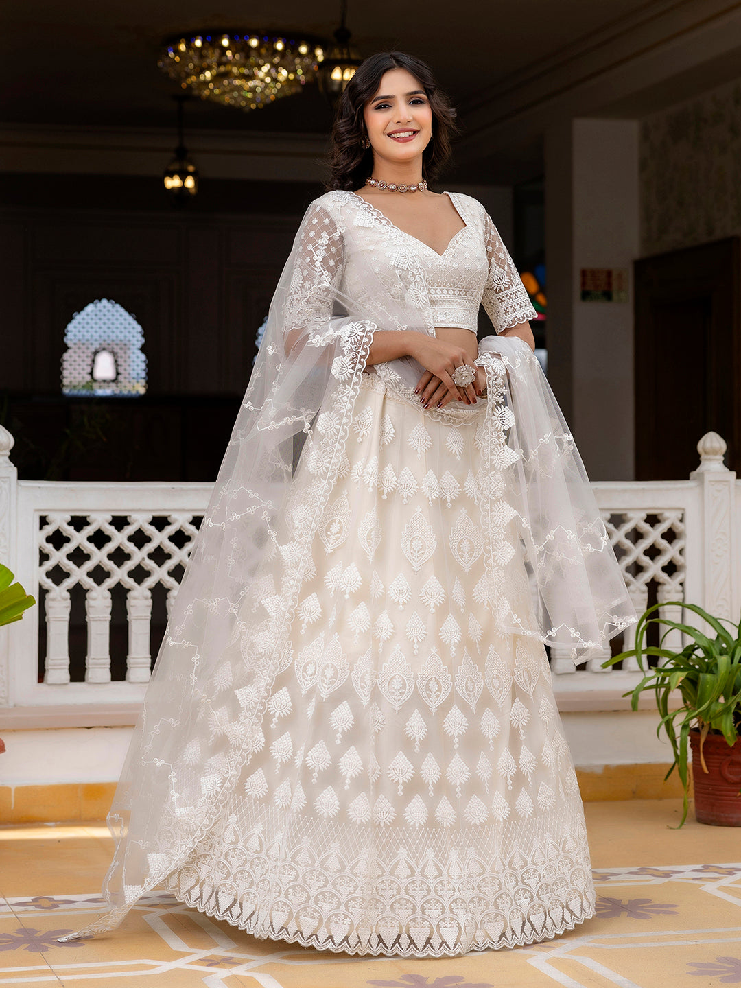 White Net Embroidery Lehenga Choli with Dupatta For Women's Trendmalls