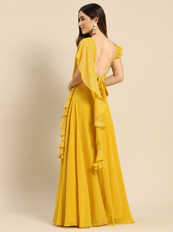 Yellow Semi-Stitched Crop Top Lehenga Choli Unstitch Blouse with Foil Print Dupatta For Women Trendmalls