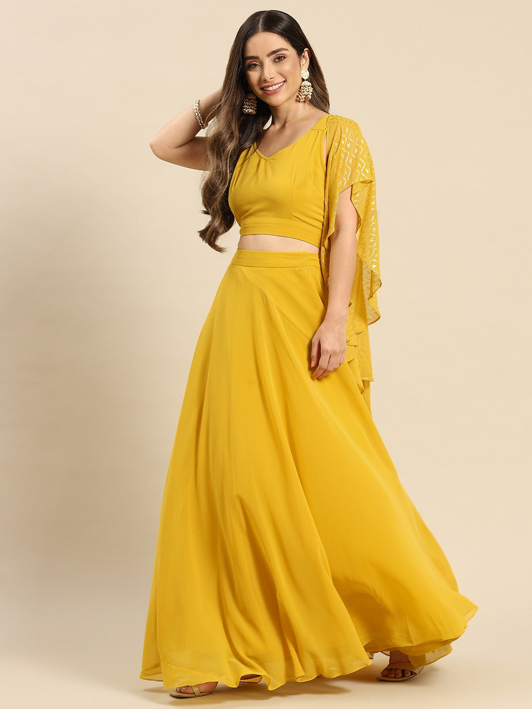 Yellow Semi-Stitched Crop Top Lehenga Choli Unstitch Blouse with Foil Print Dupatta For Women Trendmalls