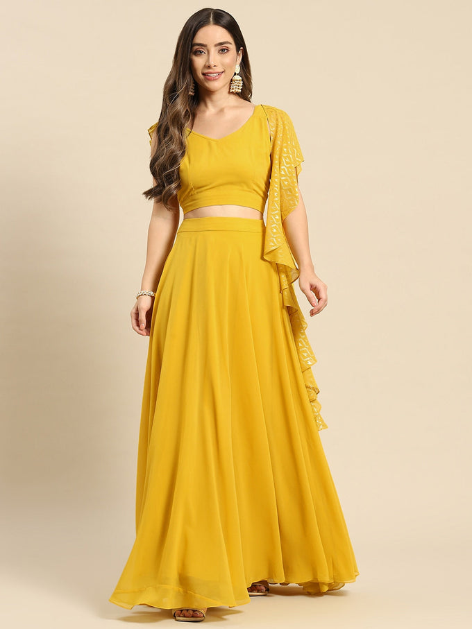 Yellow Semi-Stitched Crop Top Lehenga Choli Unstitch Blouse with Foil Print Dupatta For Women Trendmalls