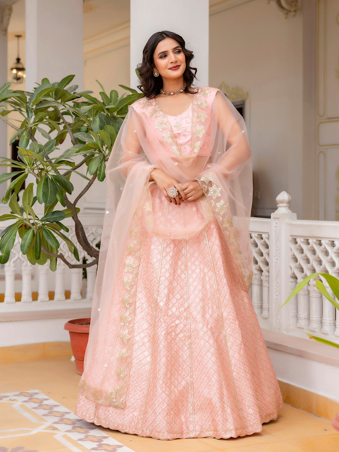 Pink Satin Embroidery Sequence Work Semi-Stitched Lehenga Choli with Net Dupatta For Women Trendmalls