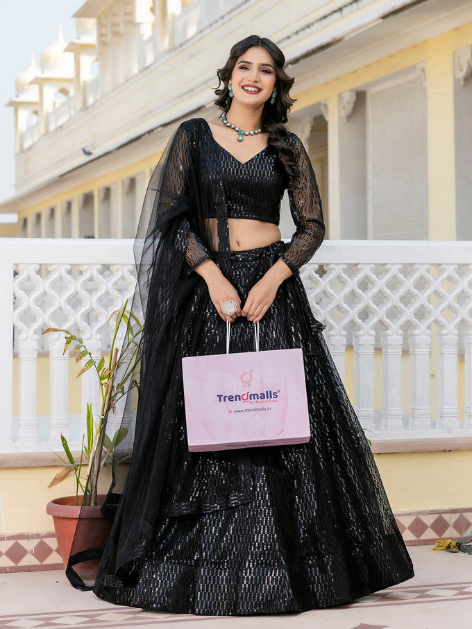 Black Net Sequin Embroidery Lehenga Choli with Dupatta |Bridal Party Stylish Wedding Lehenga Choli for women Trendmalls