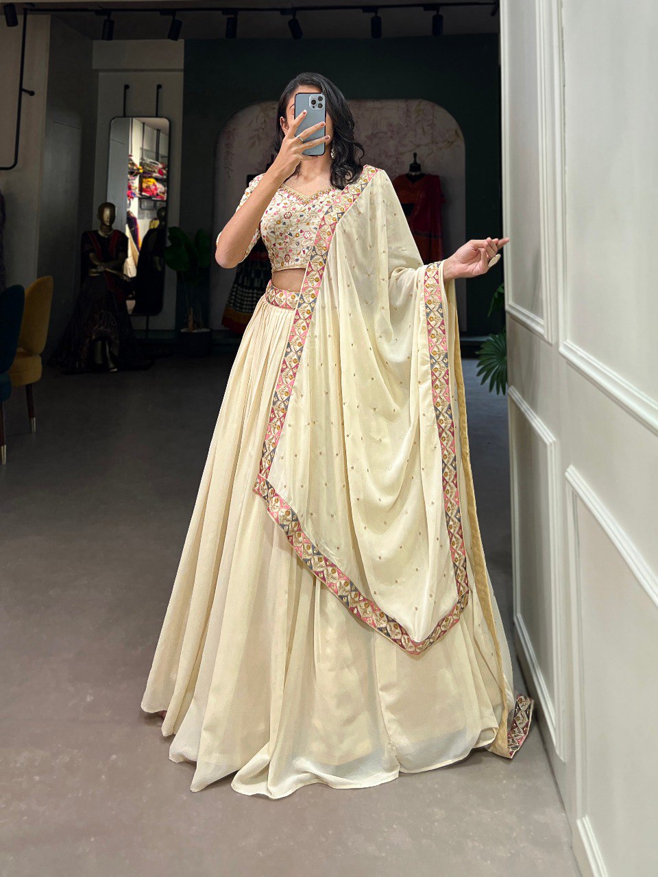 Cream Georgette Embroidery work Lehenga Choli with Dupatta | Bridesmaid Wedding Lehenga Choli for women Trendmalls